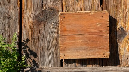 Fototapeta premium Rustic Wooden Plank on Weathered Barn Wall Surrounded by Greenery
