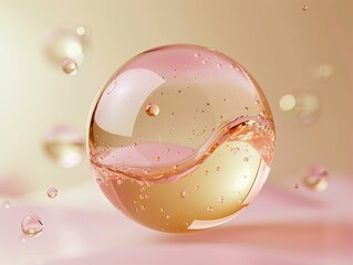 Golden pink oil bubble with photorealistic details and a glossy finish on background soft gradient of light beige tones