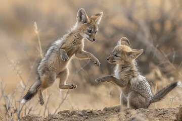 Baby jackal cubs playing in the veldt.