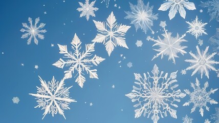 Intricate snowflakes gently falling from a clear, serene blue sky.