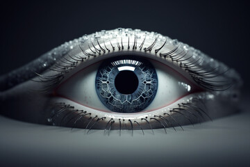 An abstract digital eye design with a glowing cybernetic shield overlaying intricate circuit patterns. The eye symbolizes vigilance in the digital age