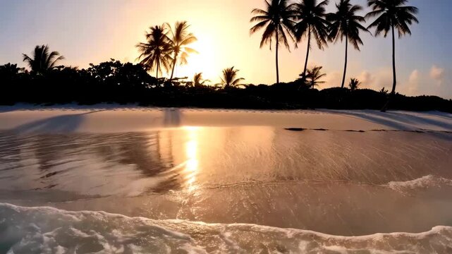 Split-level view of a tropical beach at sunset with palm trees, white sand, and gentle waves reflecting golden sunlight