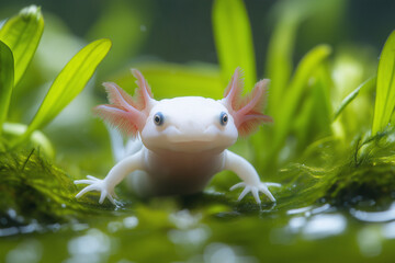 Close-up of a white axolotl in greenery aquatic nature scene freshwater environment