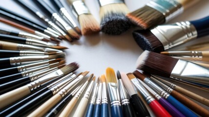 Fototapeta premium Paint brushes variety on table Painting brushes set collection background 