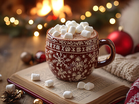A cozy scene with a cup of cocoa topped with marshmallows, placed on an open book with a festive red and white pattern. The background features a warm fireplace and Christmas decorations