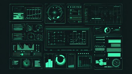 Grid-based green digital interface with futuristic data displays