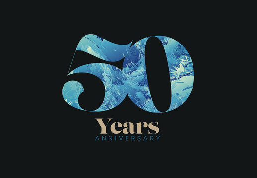 fifty 50 years anniversary card layout template - dark with blue abstract pattern