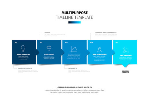 Timeline template made from five blue content boxes with arrows