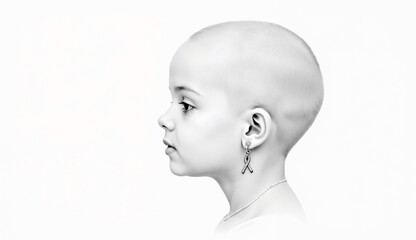 Portrait of a bald child with a cancer awareness ribbon on World Cancer Day