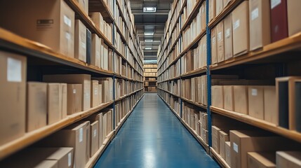 Fototapeta premium Rows of storage shelves with precise labels copy space inventory efficiency vibrant Double exposure in large facility