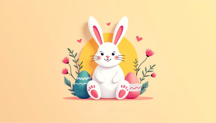 Easter card with rabbit and Easter eggs, flat style