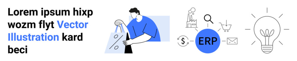 Business professional interacting with large cogwheel. Includes icons for ERP, email, shopping cart, search, idea bulb, and growth chart. Ideal for enterprise resource planning, business solutions