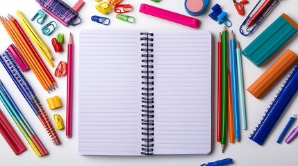 An empty notebook surrounded by colorful school