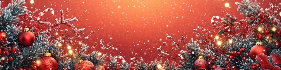 Merry Christmas Banner, Vibrant Red Background with Holiday Decorations, White Border Design, Stylized Cursive Text