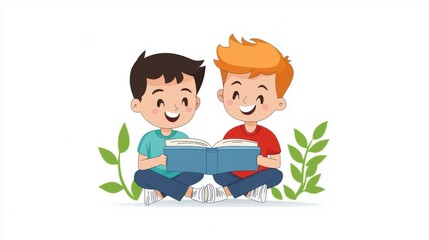 Fototapeta premium Happy Kids Reading Book Together Illustration
