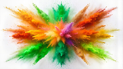Fototapeta premium Green and orange powder explosion on white