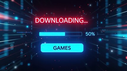 Futuristic Digital Download Screen With Bold Red Downloading Message