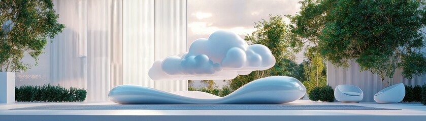 A modern, minimalist scene features a soft, cloud-like sculpture surrounded by lush greenery and elegant architecture, evoking tranquility and creativity.