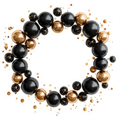 Bunch of Golden and black balloons frame with confetti on transparent background, 3D illustration