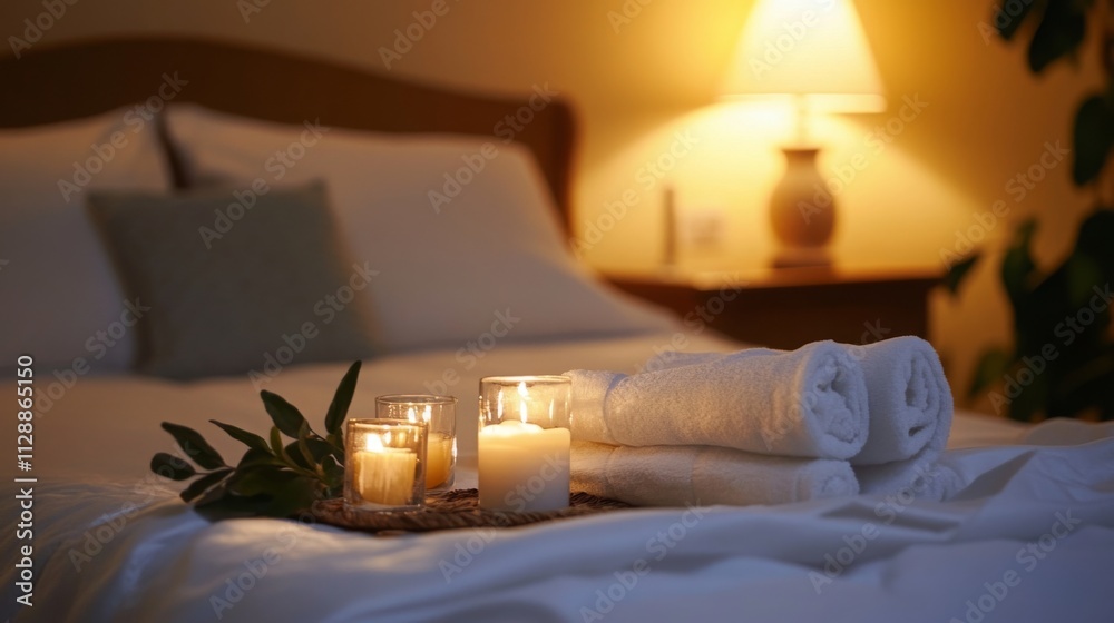 Poster a serene bedroom features soft lighting and a neatly made bed. candles and towels sit on a tray, pro