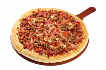 Delicious pizza loaded with a variety of meats.