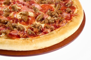 Delicious pizza loaded with a variety of meats, including pepperoni, sausage, and ham.