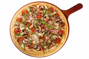 Vibrant pizza topped with mashrooms, bell, peppers, onions, pepperoni, and sausage.