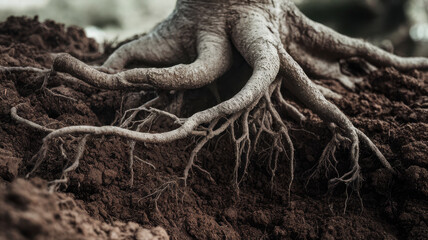 Fototapeta premium Close-up of tree roots emerging from rich, dark soil, showcasing intricate details and textures in a natural setting.