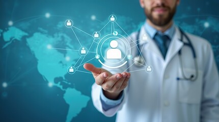 Doctor With Stethoscope and Medical Network Interface on Global Background