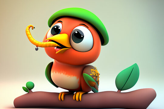 Cartoon bird with worm in its mouth. Gray bird with cartoon background. A beak of a bird worm in black and white. A black and white worm beak with lifestyle a gray background.