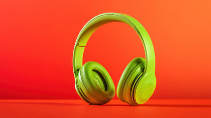 Vibrant lime green headphones contrast against a vivid orange backdrop for bold marketing appeal