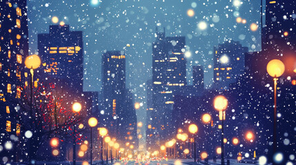 Obraz premium Enchanting nighttime cityscape adorned with festive Christmas lights and soft falling snow