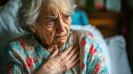 Elderly woman in distress holding her chest while seated on her bed with a soft background