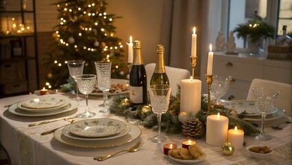 A beautifully set table for a festive Christmas dinner. The table is adorned with elegant white plates, sparkling wine glasses, and gold cutlery