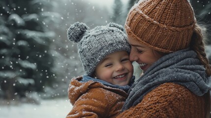 Obraz premium Mother and baby laughing together in a snowy winter scene