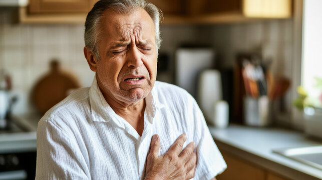 Distressed elderly man experiences heart symptoms in a kitchen environment - Powered by Adobe