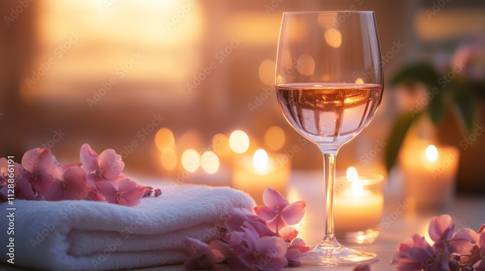 Poster warm candlelight and soft petals surround a glass of refreshing wine, creating a tranquil atmosphere