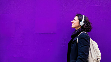 Woman joyfully exploring the city with headphones against vibrant purple wall