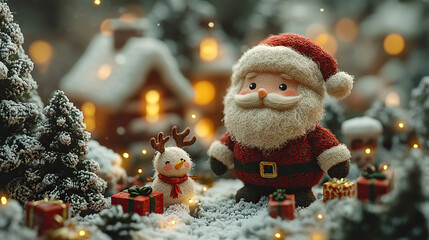 Miniature Landscape Of Christmas Scene Snowy. Warm Ambience. 