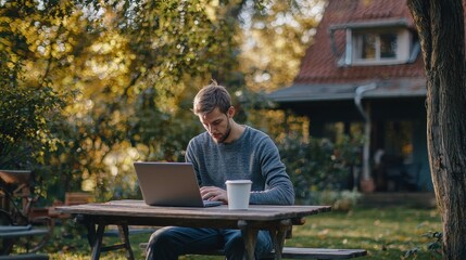 Man working on a laptop at an outdoor table in a sunny garden