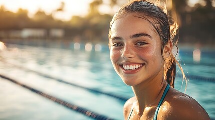 Smiling swimmer girl enjoying sunset by pool