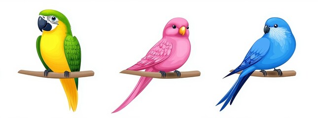 Fototapeta premium With multicolored feathers and beaks, cartoon modern set of cute funny exotic bird species. Tropical animals and pets.