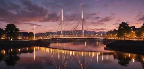 Fototapeta premium Reflections of sail bridge lights on the calm waters of the Tawe River at sunset, calm water, Swansea bay, sunset