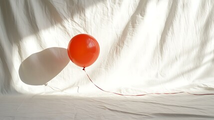 2. A single bright red balloon with a long string, floating gently on a white backdrop, casting a soft shadow on the surface.