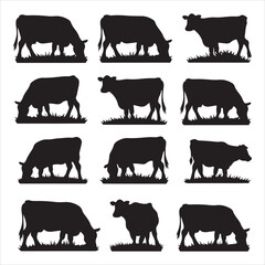 set of different style cow, Dairy farm cow, Cow Grazing On Meadow, vector silhouettes	
