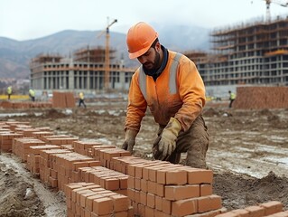 Bricklaying by a worker at a construction site