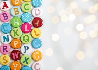 Colorful ABC Alphabet Letter Buttons on a White Background with Ample Copy Space for Educational Materials and Creative Projects