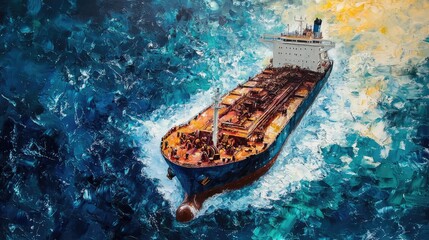 Oil tanker at sea, top view 