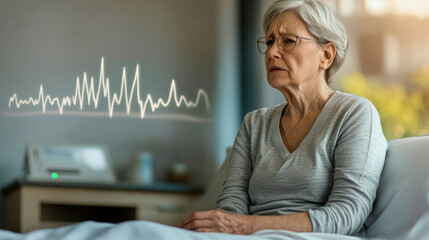 Senior woman experiences acute distress while seated on a bed in a blurred background setting