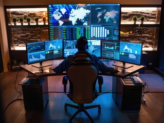Professional Data Analyst Working in High-Tech Control Room Setup